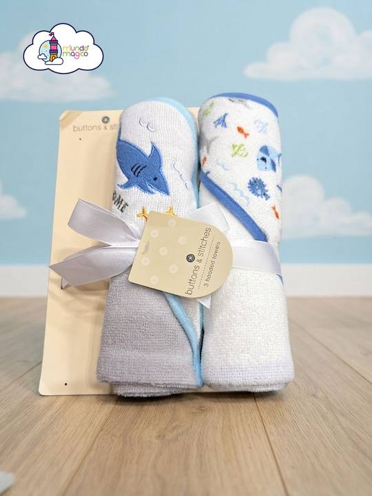 Set de 3 Toallas con Capucha de Tiburón para Bebé